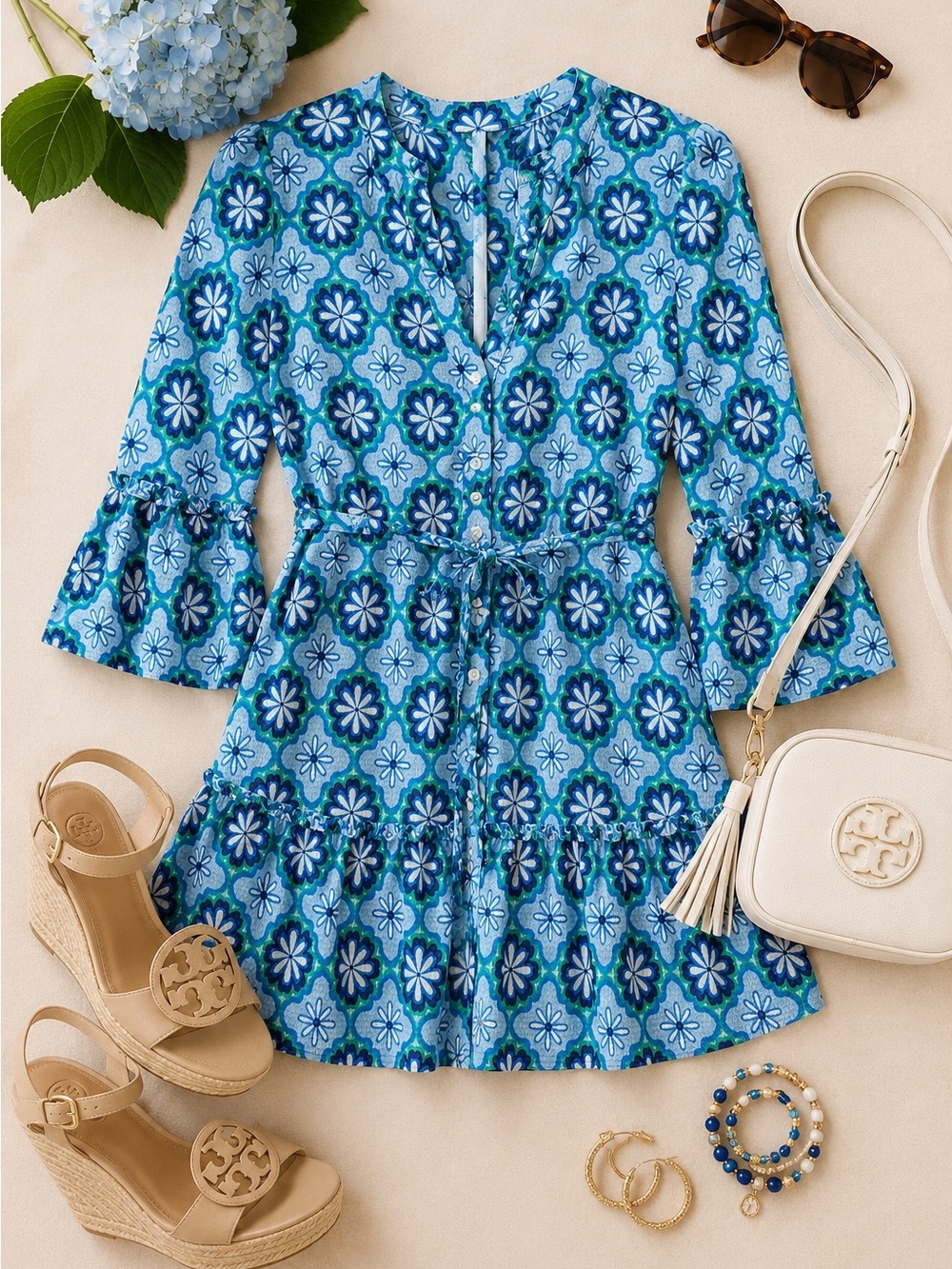 Draper James Blue Green Geometric Floral Tie Waist Mini Dress